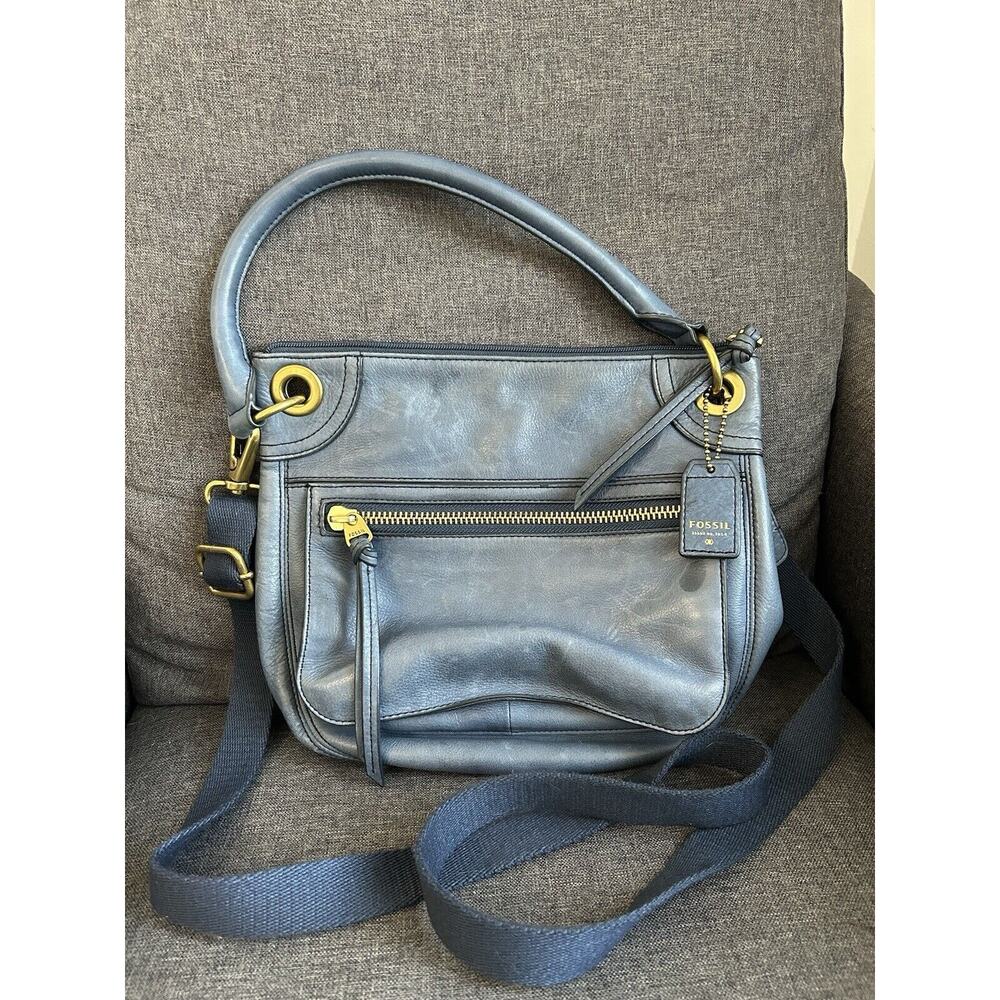 Fossil Dusty Blue Leather Handbag Zip Convertable Crossbody Shoulder Satchel Bag